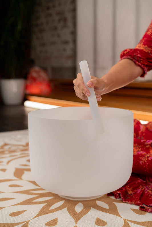 12" White-Frosted Crystal Singing Bowl, Note G3, Throat Chakra